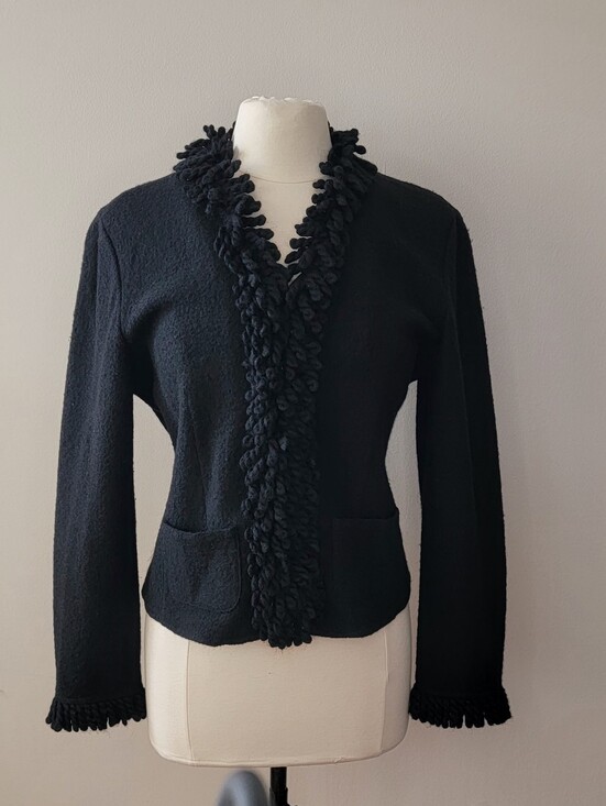Talbots Jackets & Blazers - Vintage Talbots Black Boiled Fringe 100% Wool Cardigan Sweater Jacket Sz M EUC